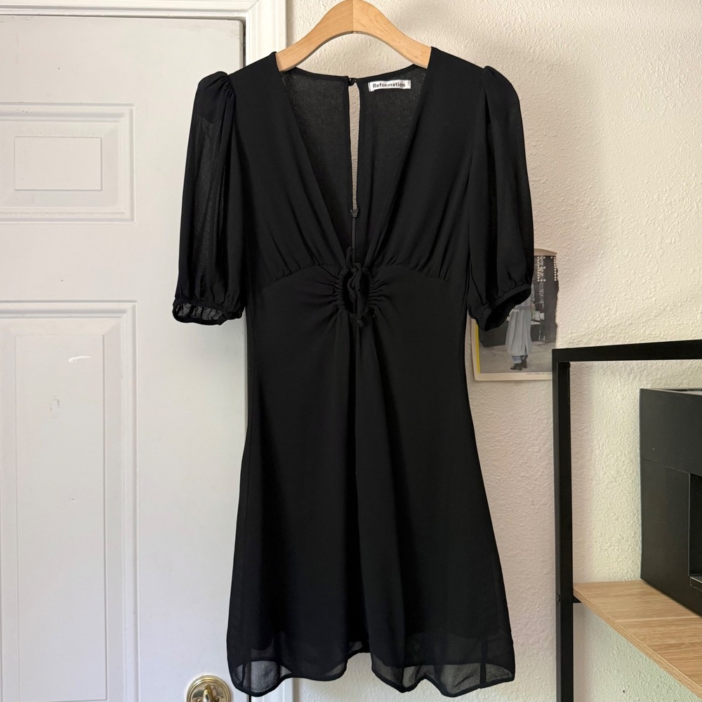 REFORMATION black v-neck short puff sleeve keyhole back cutout mini dress